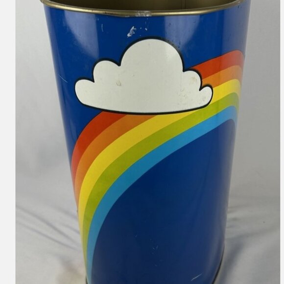 Vintage 70s 80s Cheinco Blue Rainbow Metal Tin Trash Can Wastebasket Retro - Picture 2 of 7